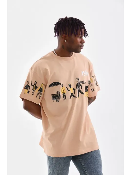 Unisex Bisiklet Yaka Baskılı Oversize T-Shirt - Bej