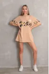 Unisex Bisiklet Yaka Baskılı Oversize T-shirt - Bej
