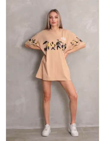 Unisex Bisiklet Yaka Baskılı Oversize T-Shirt - Bej Unisex Bisiklet Yaka Baskılı Oversize T-Shirt - Bej