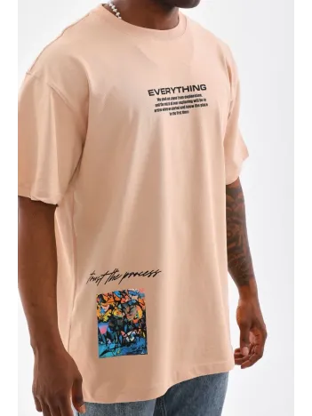 Unisex Bisiklet Yaka Baskılı Oversize T-Shirt - Bej Unisex Bisiklet Yaka Baskılı Oversize T-Shirt - Bej