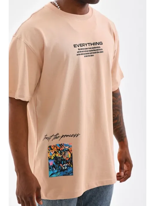 Unisex Bisiklet Yaka Baskılı Oversize T-Shirt - Bej Unisex Bisiklet Yaka Baskılı Oversize T-Shirt - Bej