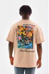Unisex Bisiklet Yaka Baskılı Oversize T-shirt - Bej Unisex Bisiklet Yaka Baskılı Oversize T-shirt - Bej