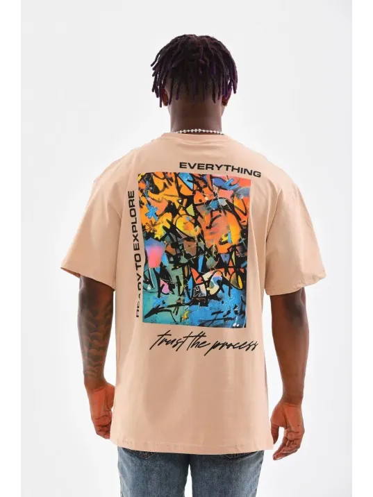 Unisex Bisiklet Yaka Baskılı Oversize T-Shirt - Bej Unisex Bisiklet Yaka Baskılı Oversize T-Shirt - Bej