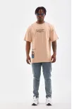 Unisex Bisiklet Yaka Baskılı Oversize T-shirt - Bej Unisex Bisiklet Yaka Baskılı Oversize T-shirt - Bej