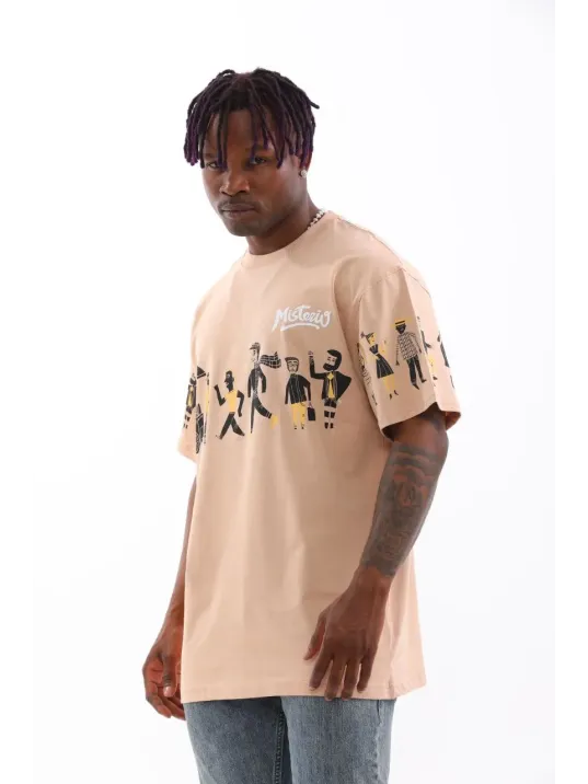 Unisex Bisiklet Yaka Baskılı Oversize T-Shirt - Bej
