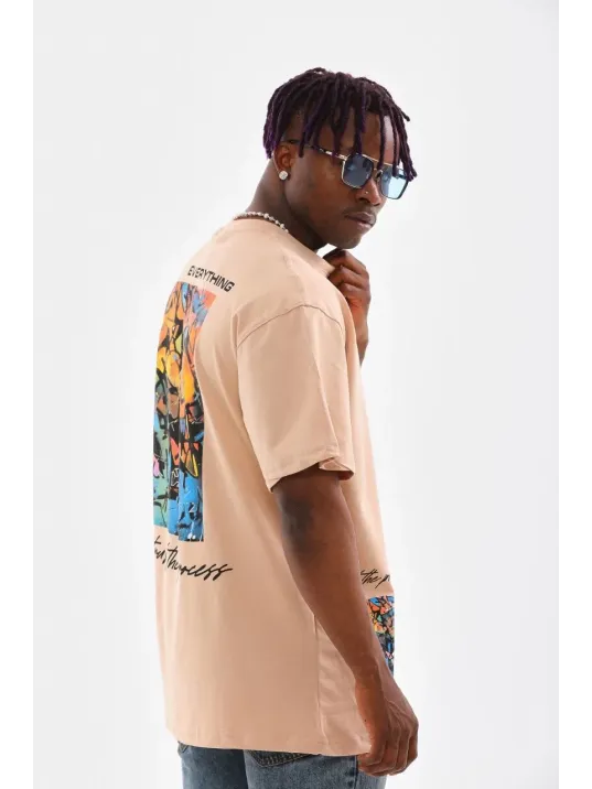 Unisex Bisiklet Yaka Baskılı Oversize T-Shirt - Bej Unisex Bisiklet Yaka Baskılı Oversize T-Shirt - Bej