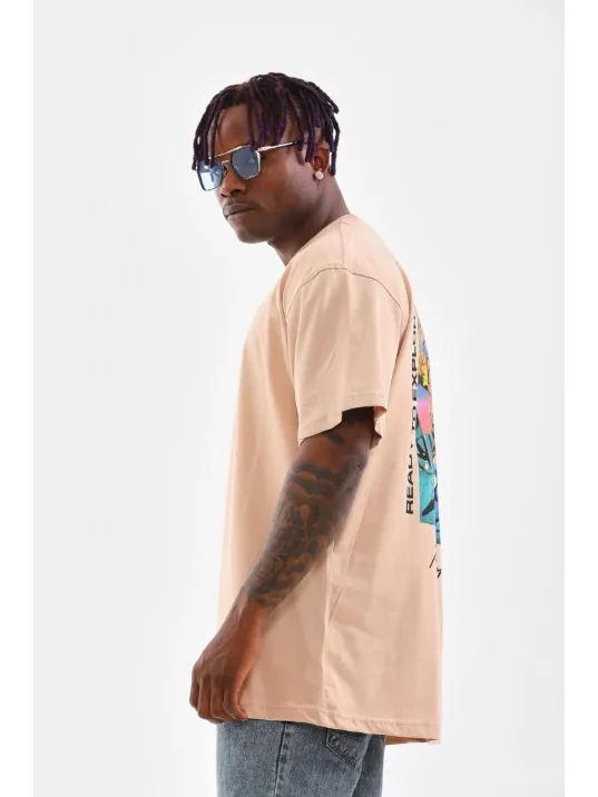 Unisex Bisiklet Yaka Baskılı Oversize T-Shirt - Bej Unisex Bisiklet Yaka Baskılı Oversize T-Shirt - Bej