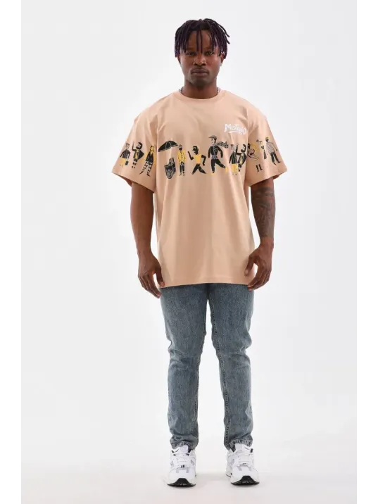 Unisex Bisiklet Yaka Baskılı Oversize T-Shirt - Bej