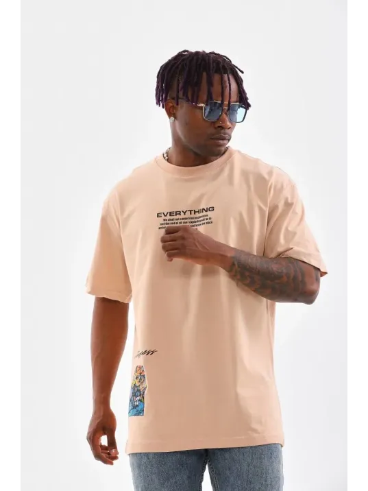 Unisex Bisiklet Yaka Baskılı Oversize T-Shirt - Bej Unisex Bisiklet Yaka Baskılı Oversize T-Shirt - Bej