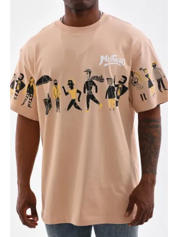 Unisex Bisiklet Yaka Baskılı Oversize T-Shirt - Bej Unisex Bisiklet Yaka Baskılı Oversize T-Shirt - Bej