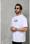 Unisex Bisiklet Yaka Baskılı Oversize T-shirt - Beyaz