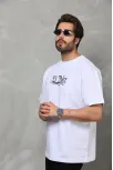 Unisex Bisiklet Yaka Baskılı Oversize T-shirt - Beyaz