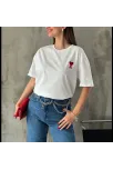 Unisex Bisiklet Yaka Baskılı Oversize T-shirt - Beyaz