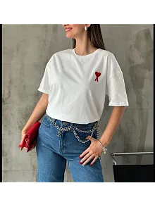 Unisex Bisiklet Yaka Baskılı Oversize T-shirt - Beyaz