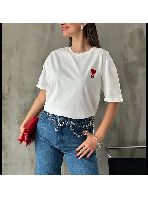 Unisex Bisiklet Yaka Baskılı Oversize T-shirt - Beyaz