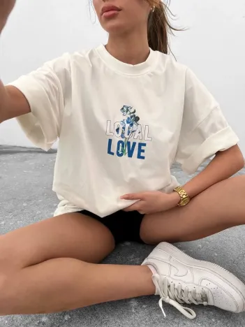 Unisex Bisiklet Yaka Baskılı Oversize T-Shirt - Beyaz Unisex Bisiklet Yaka Baskılı Oversize T-Shirt - Beyaz