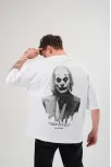 Unisex Bisiklet Yaka Baskılı Oversize T-shirt - Beyaz