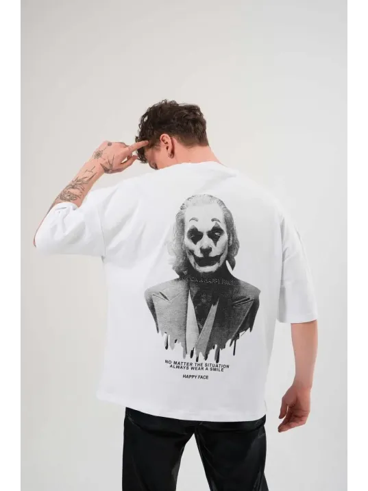 Unisex Bisiklet Yaka Baskılı Oversize T-Shirt - Beyaz Unisex Bisiklet Yaka Baskılı Oversize T-Shirt - Beyaz