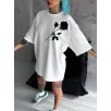 Unisex Bisiklet Yaka Baskılı Oversize T-Shirt - Beyaz