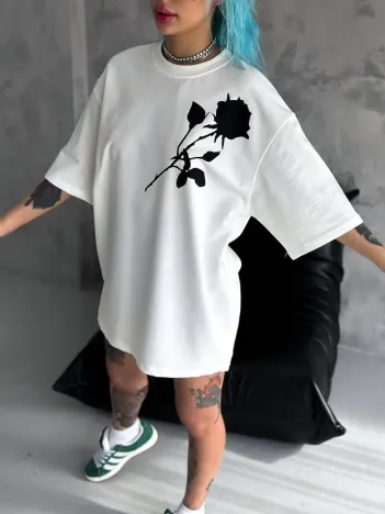 Unisex Bisiklet Yaka Baskılı Oversize T-Shirt - Beyaz Unisex Bisiklet Yaka Baskılı Oversize T-Shirt - Beyaz