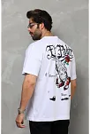 Unisex Bisiklet Yaka Baskılı Oversize T-shirt - Beyaz