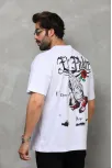 Unisex Bisiklet Yaka Baskılı Oversize T-shirt - Beyaz