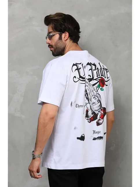 Unisex Bisiklet Yaka Baskılı Oversize T-shirt - Beyaz