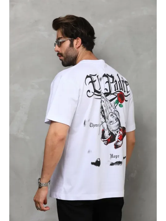 Unisex Bisiklet Yaka Baskılı Oversize T-Shirt - Beyaz Unisex Bisiklet Yaka Baskılı Oversize T-Shirt - Beyaz