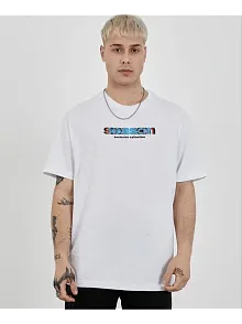 Unisex Bisiklet Yaka Baskılı Oversize T-shirt - Beyaz