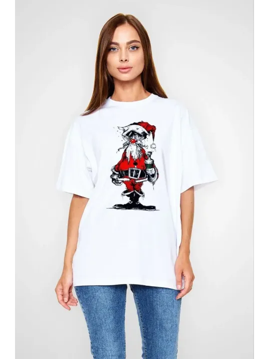 Unisex Bisiklet Yaka Baskılı Oversize T-Shirt - Beyaz Unisex Bisiklet Yaka Baskılı Oversize T-Shirt - Beyaz