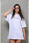Unisex Bisiklet Yaka Baskılı Oversize T-shirt - Beyaz