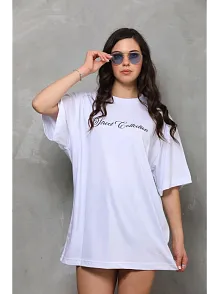 Unisex Bisiklet Yaka Baskılı Oversize T-shirt - Beyaz