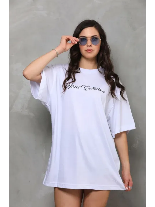 Unisex Bisiklet Yaka Baskılı Oversize T-shirt - Beyaz