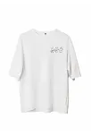 Unisex Bisiklet Yaka Baskılı Oversize T-shirt - Beyaz