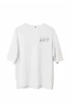 Unisex Bisiklet Yaka Baskılı Oversize T-shirt - Beyaz