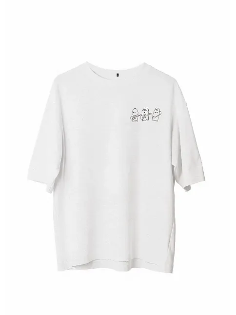 Unisex Bisiklet Yaka Baskılı Oversize T-shirt - Beyaz