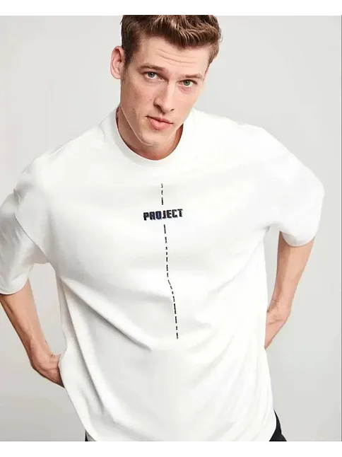 Unisex Bisiklet Yaka Baskılı Oversize T-shirt - Beyaz