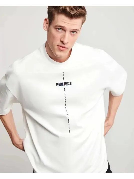 Unisex Bisiklet Yaka Baskılı Oversize T-Shirt - Beyaz Unisex Bisiklet Yaka Baskılı Oversize T-Shirt - Beyaz