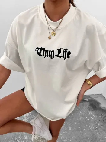 Unisex Bisiklet Yaka Baskılı Oversize T-Shirt - Beyaz Unisex Bisiklet Yaka Baskılı Oversize T-Shirt - Beyaz