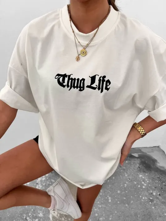 Unisex Bisiklet Yaka Baskılı Oversize T-Shirt - Beyaz Unisex Bisiklet Yaka Baskılı Oversize T-Shirt - Beyaz