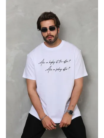 Unisex Bisiklet Yaka Baskılı Oversize T-shirt - Beyaz Unisex Bisiklet Yaka Baskılı Oversize T-shirt - Beyaz
