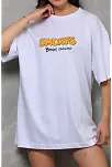 Unisex Bisiklet Yaka Baskılı Oversize T-shirt - Beyaz