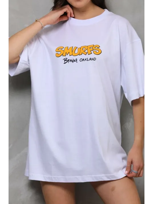 Unisex Bisiklet Yaka Baskılı Oversize T-Shirt - Beyaz