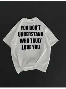 Unisex Bisiklet Yaka Baskılı Oversize T-shirt - Beyaz