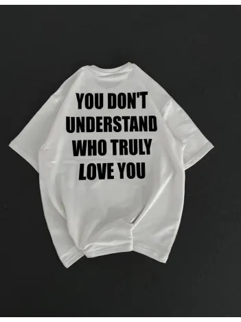 Unisex Bisiklet Yaka Baskılı Oversize T-Shirt - Beyaz Unisex Bisiklet Yaka Baskılı Oversize T-Shirt - Beyaz