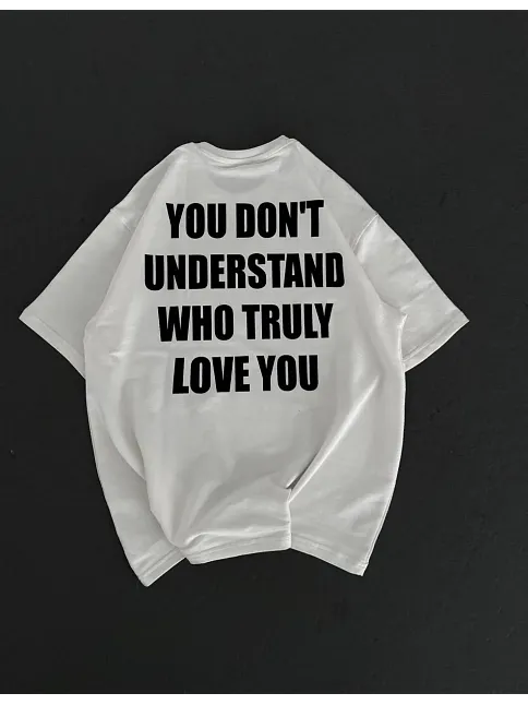Unisex Bisiklet Yaka Baskılı Oversize T-shirt - Beyaz