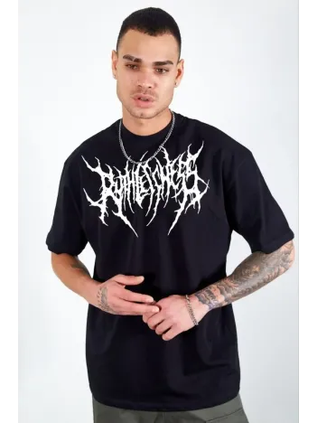 Unisex Bisiklet Yaka Baskılı Oversize T-Shirt - Siyah Unisex Bisiklet Yaka Baskılı Oversize T-Shirt - Siyah