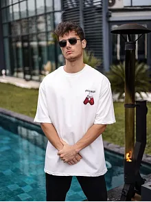 Unisex Bisiklet Yaka Baskılı Oversize T-shirt - Beyaz