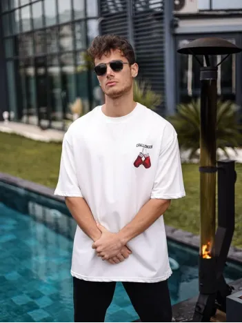 Unisex Bisiklet Yaka Baskılı Oversize T-Shirt - Beyaz Unisex Bisiklet Yaka Baskılı Oversize T-Shirt - Beyaz