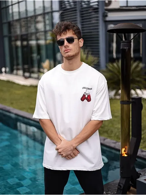 Unisex Bisiklet Yaka Baskılı Oversize T-shirt - Beyaz